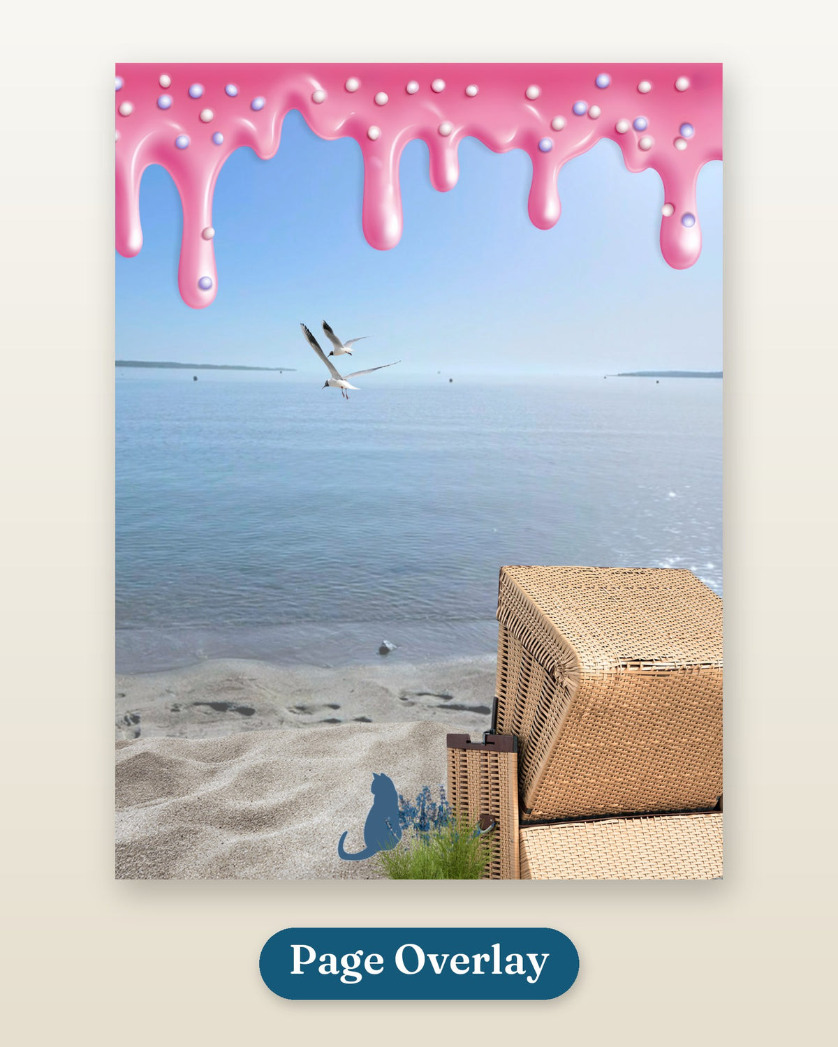 Page Overlay aus Fischbrötchen und Himbeereis: Strandkorb am Meer unter rosa Eistropfen